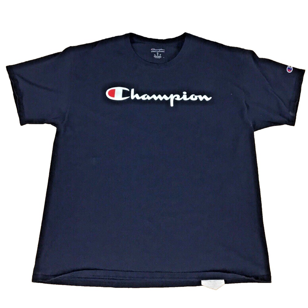 Champion Mens Graphic T-Shirt‎ XL Navy Blue Script Logo Short Sleeve Crew Neck